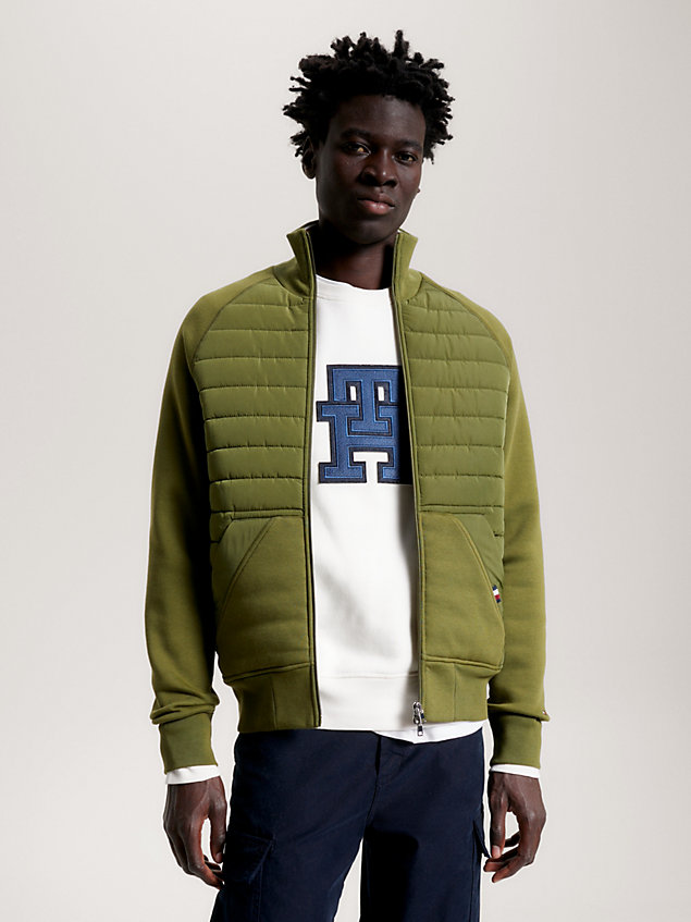 green mixed media zip-thru sweatshirt for men tommy hilfiger