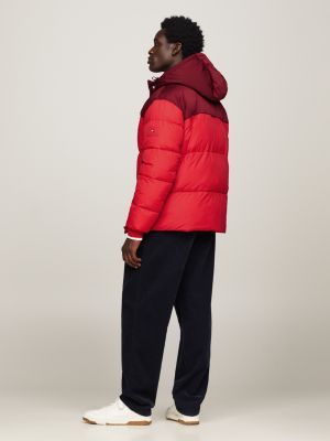 Mens red puffer jacket with clearance hood