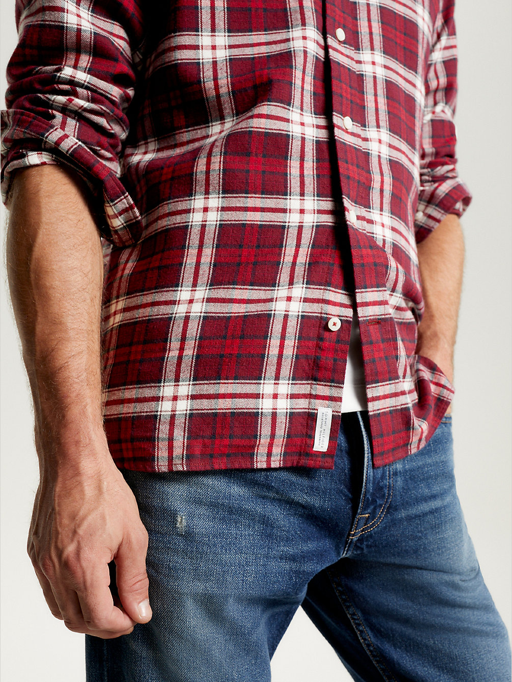 red koszula z czesanej bawełny w kratę tommy dla mężczyźni - tommy hilfiger