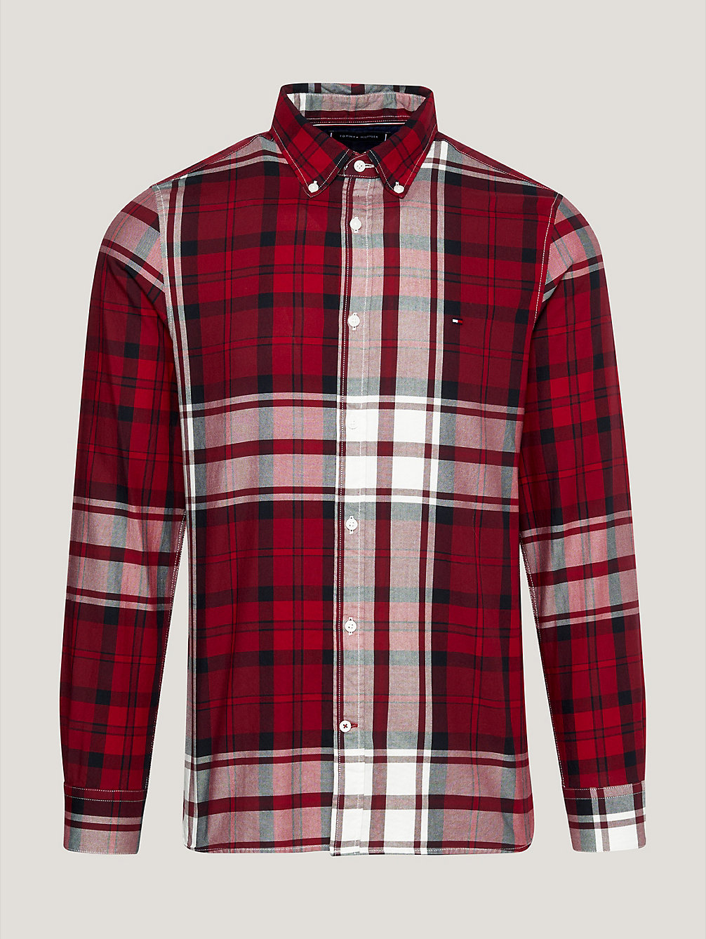red slim fit oxford-overhemd met tommy-tartanruit voor heren - tommy hilfiger
