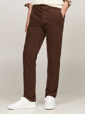 pantalón chino de pana de algodón elástico marrón de hombres tommy hilfiger