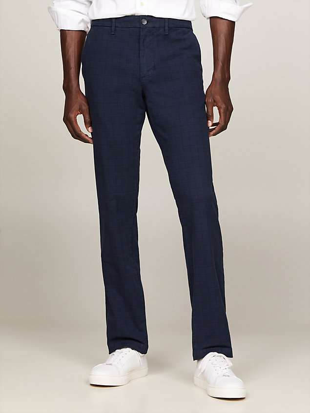 blue denton straight garment dyed check chinos for men tommy hilfiger