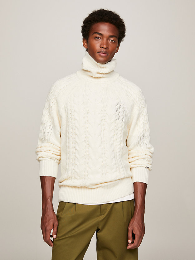 Cable Knit Roll Neck Jumper | White | Tommy Hilfiger