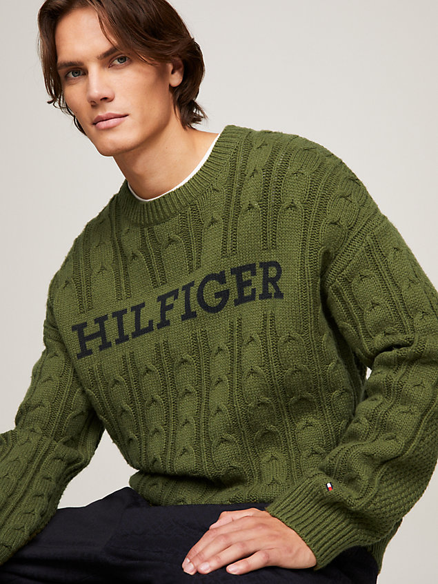 green sweter ze splotem warkoczowym hilfiger monotype dla mężczyźni - tommy hilfiger