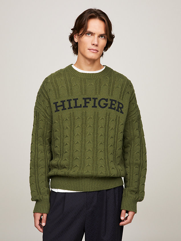 green sweter ze splotem warkoczowym hilfiger monotype dla mężczyźni - tommy hilfiger