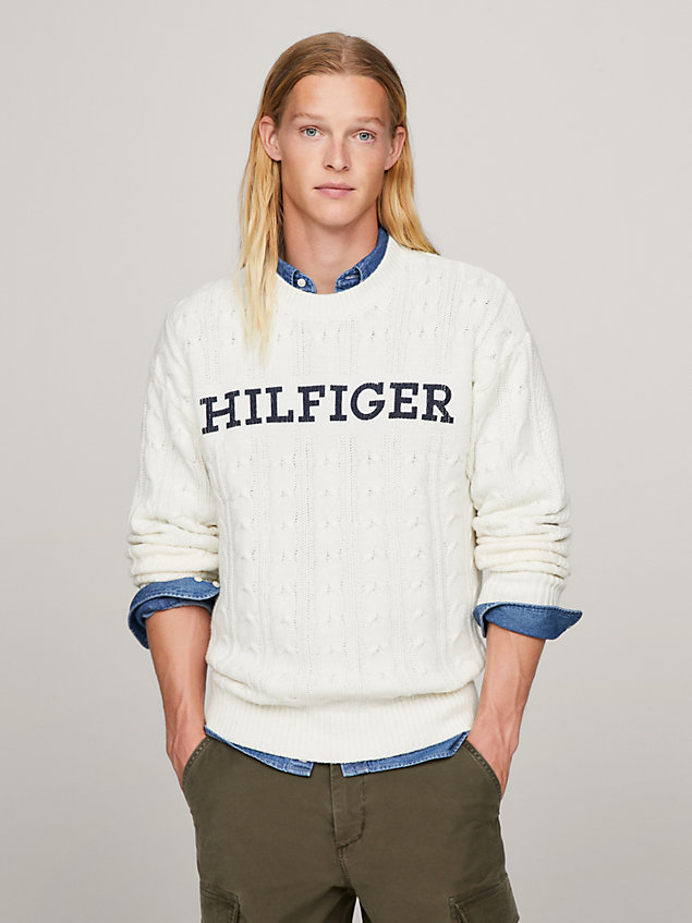 white hilfiger monotype cable knit oversized jumper for men tommy hilfiger