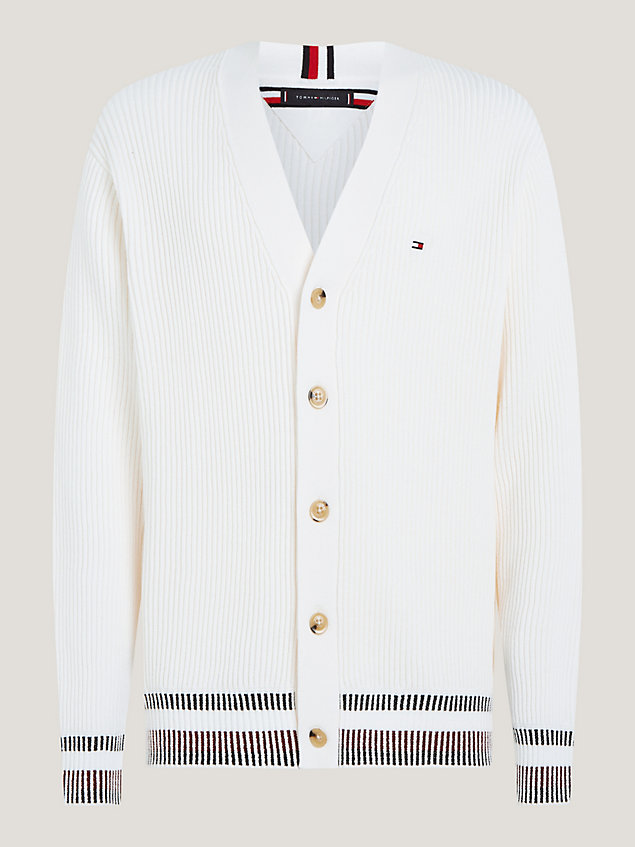 white relaxed fit rippstrick-cardigan mit streifen für herren - tommy hilfiger