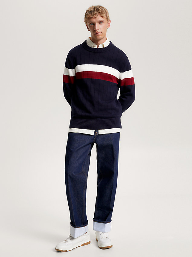 white relaxed fit trui met signature-strepen voor heren - tommy hilfiger