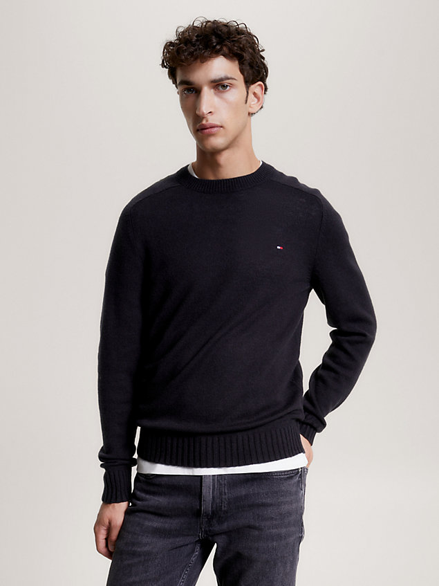 black sweter z wełny merino z okrągłym dekoltem dla mężczyźni - tommy hilfiger