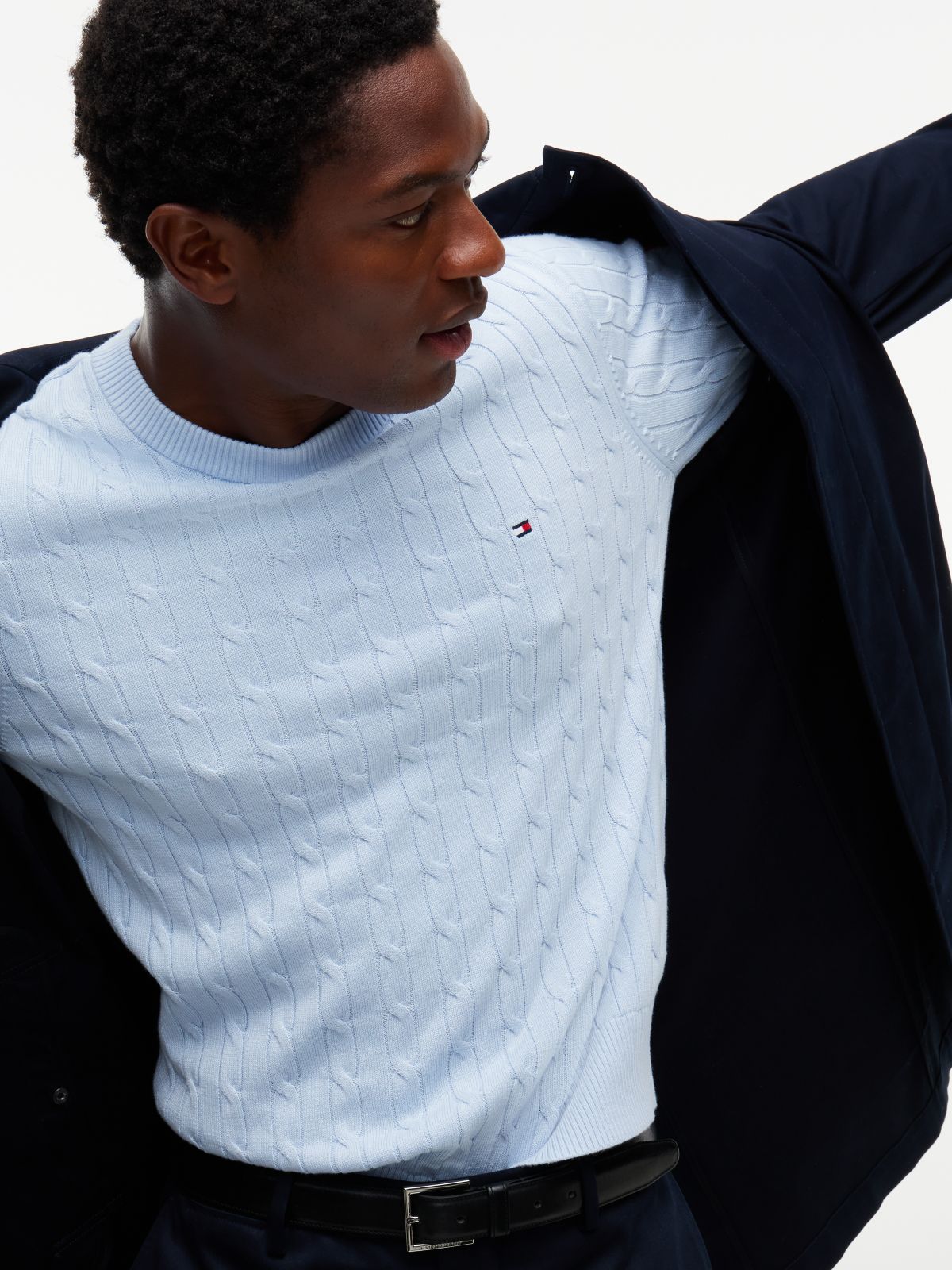 Cable Knit Crew Neck Jumper — Blue