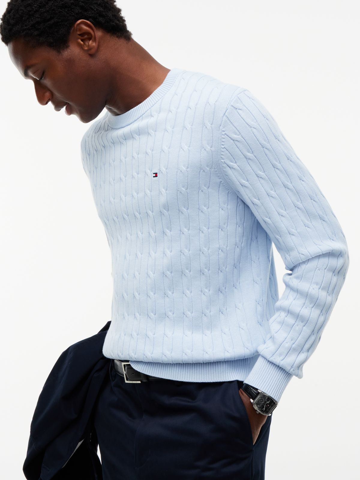 Cable Knit Crew Neck Jumper — Blue