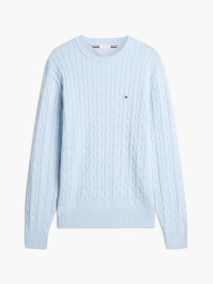 blue cable knit crew neck jumper for men tommy hilfiger