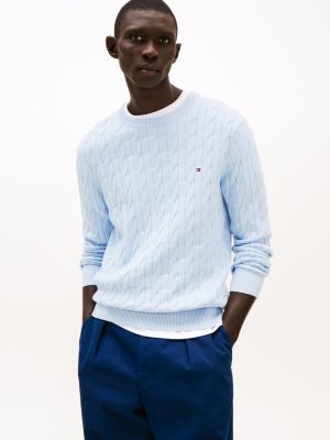 blue rundhals-pullover mit zopfmuster für herren - tommy hilfiger