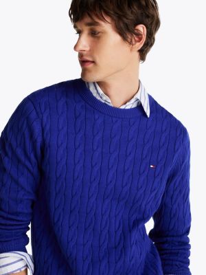 pullover in maglia intrecciata blu da uomini tommy hilfiger