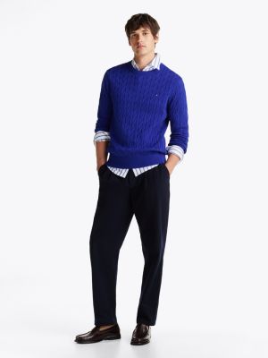 blue cable knit crew neck jumper for men tommy hilfiger