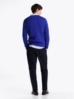 blue cable knit crew neck jumper for men tommy hilfiger