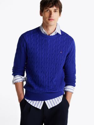 blue rundhals-pullover mit zopfmuster für herren - tommy hilfiger