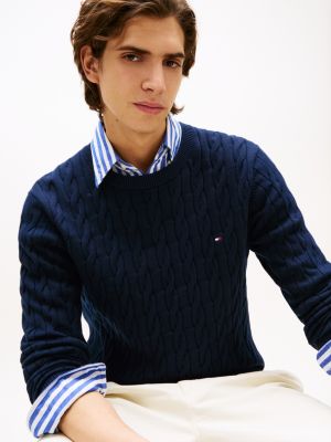 blue cable knit crew neck jumper for men tommy hilfiger