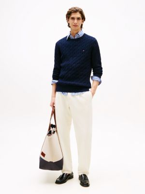 blue cable knit crew neck jumper for men tommy hilfiger