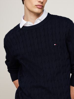 blue cable knit crew neck jumper for men tommy hilfiger