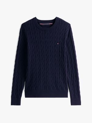 pull torsadé à col ras-du-cou bleu pour hommes tommy hilfiger
