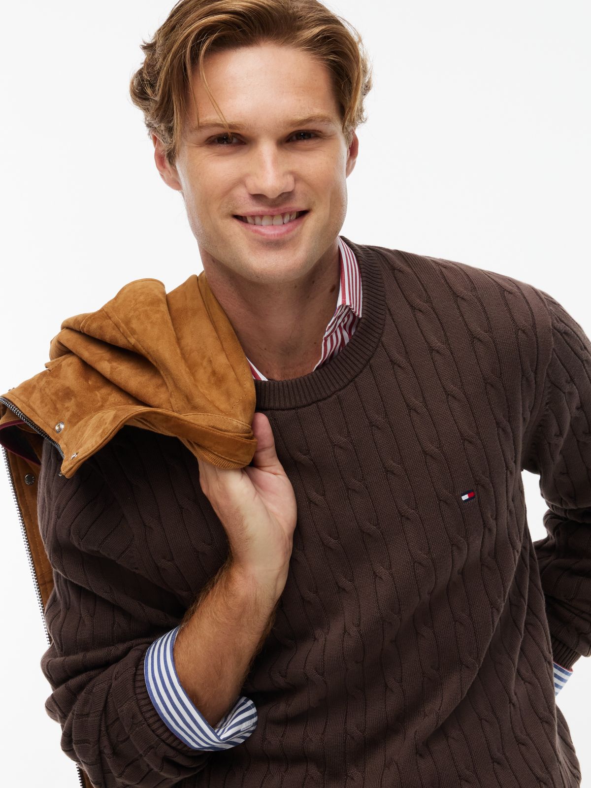 Cable Knit Crew Neck Jumper — Brown