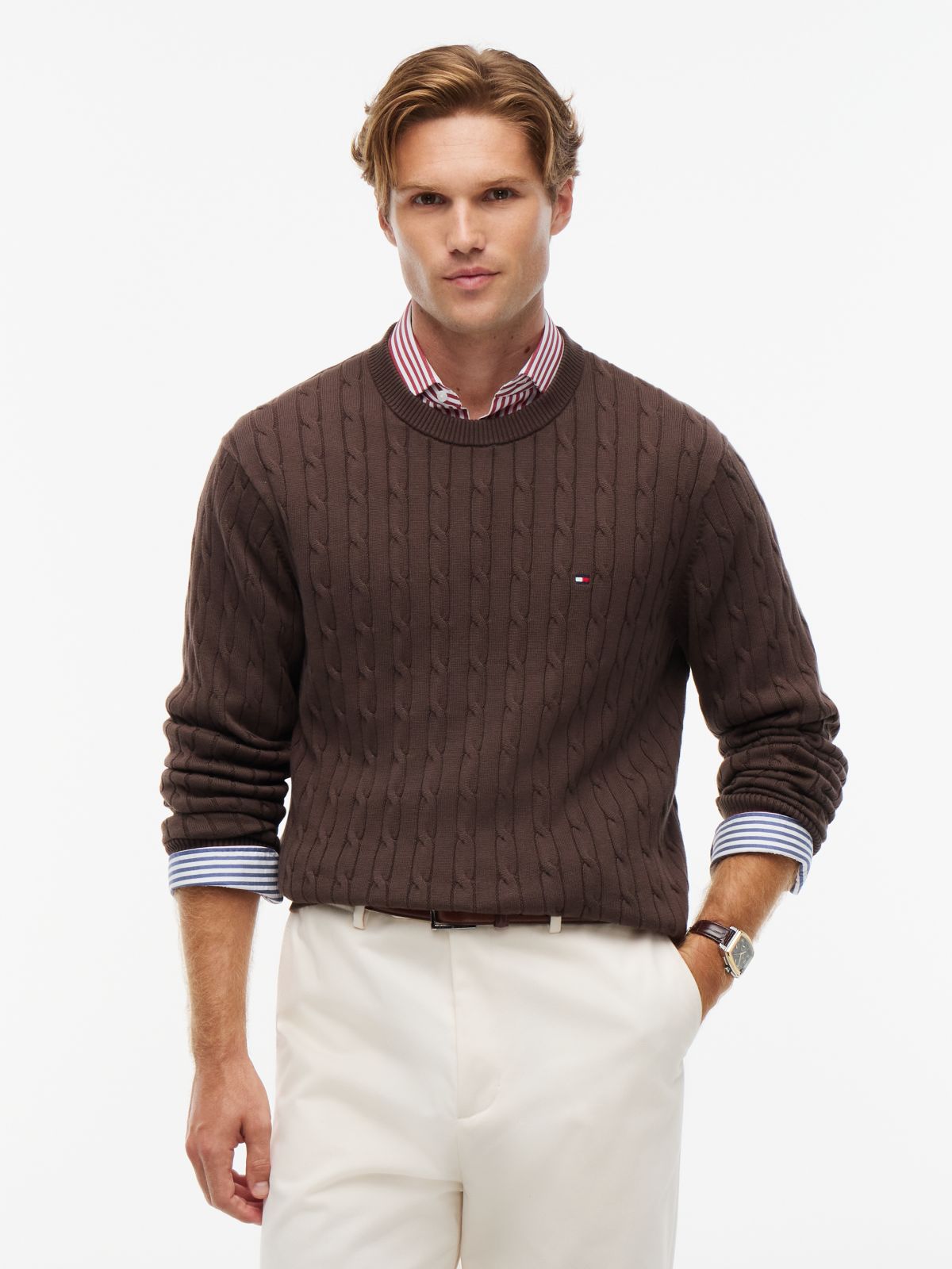 Cable Knit Crew Neck Jumper — Brown