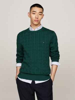 green cable knit crew neck jumper for men tommy hilfiger