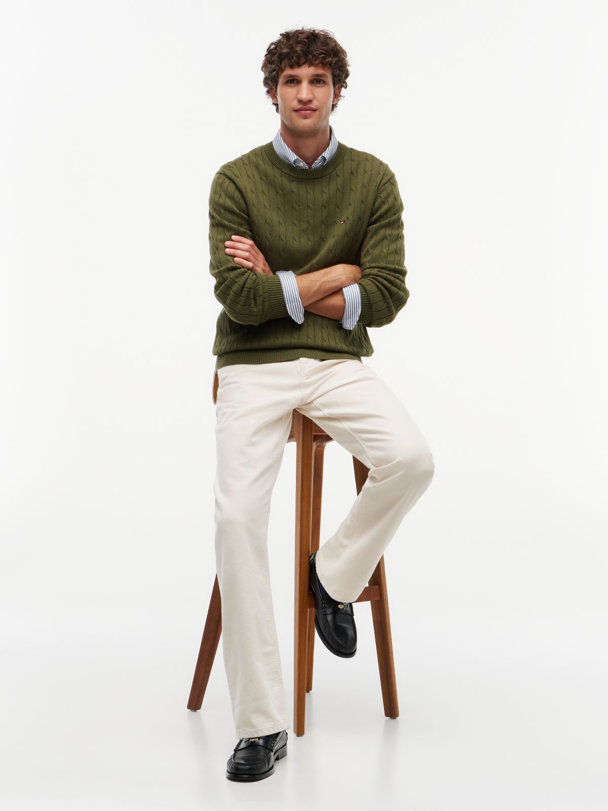 Cable Knit Crew Neck Jumper — Green