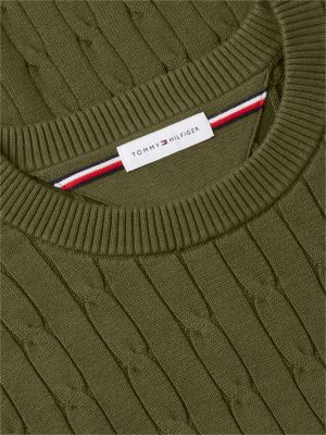 pull en maille torsadée à col ras-du-cou vert pour hommes tommy hilfiger