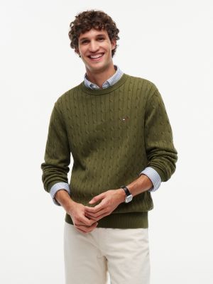 green cable knit crew neck jumper for men tommy hilfiger
