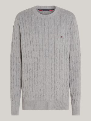 grey cable knit crew neck jumper for men tommy hilfiger