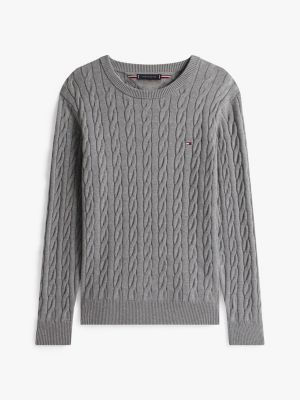 grey cable knit crew neck jumper for men tommy hilfiger