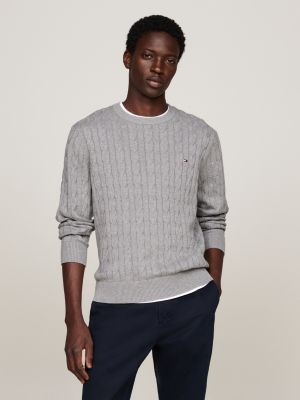 Cable Knit Crew Neck Jumper | Grey | Tommy Hilfiger