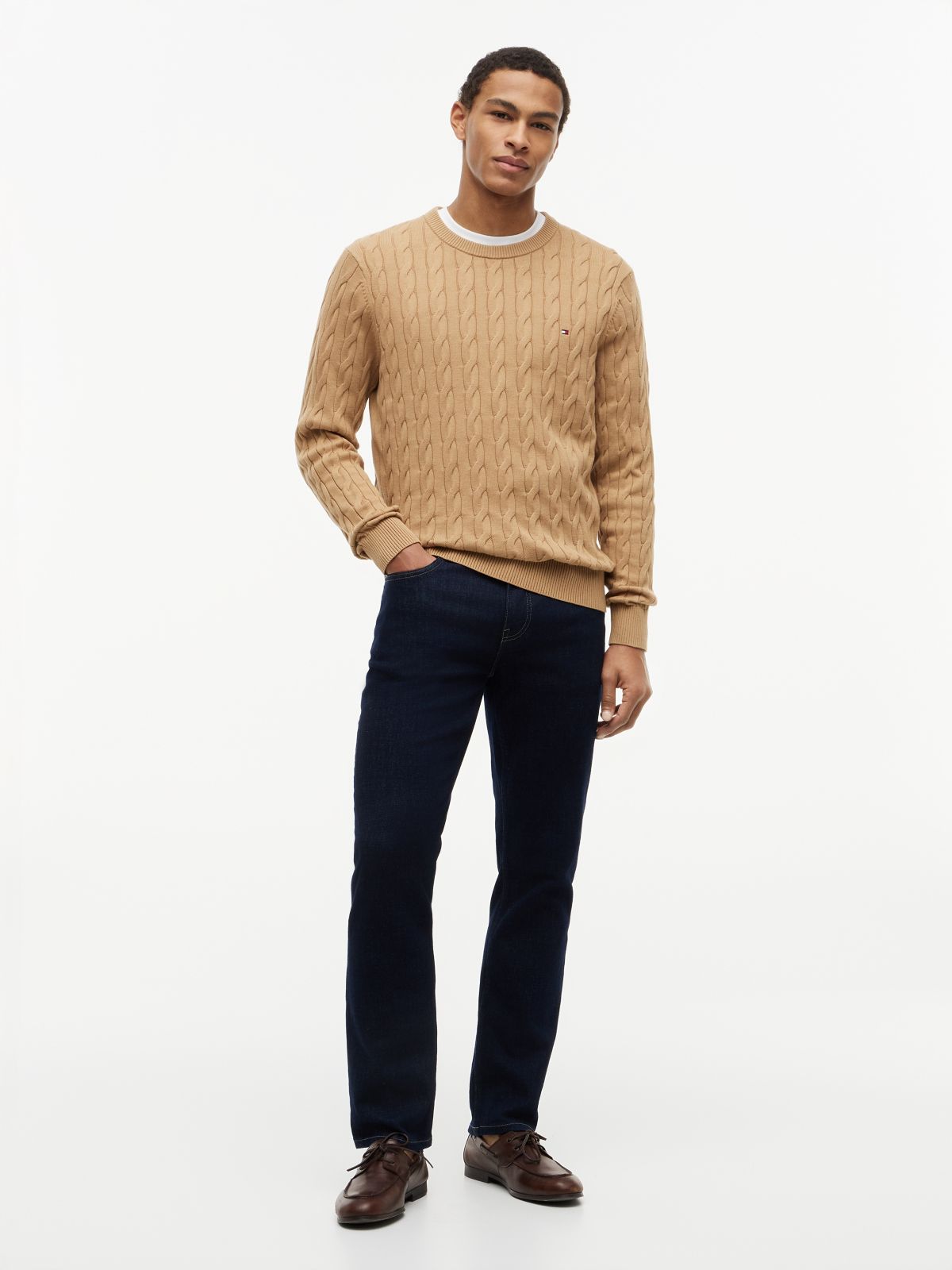 Cable Knit Crew Neck Jumper — Khaki