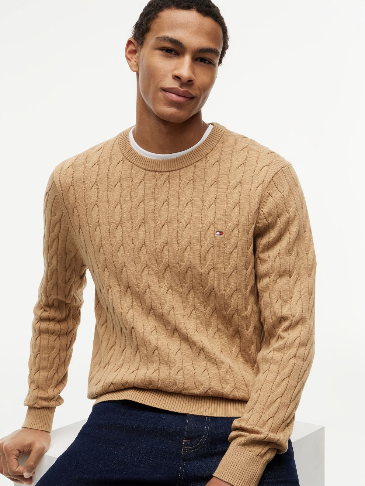 Cable Knit Crew Neck Jumper — Khaki
