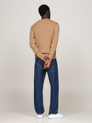 pull torsadé à col ras-du-cou beige pour hommes tommy hilfiger