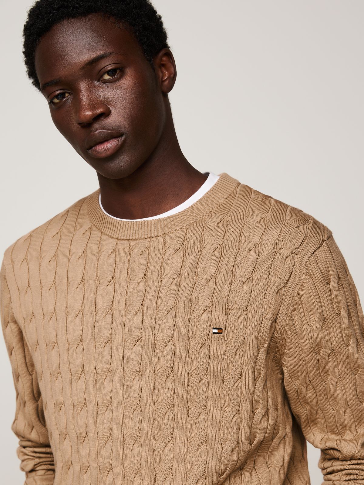 Cable Knit Crew Neck Jumper — Khaki