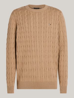 khaki cable knit crew neck jumper for men tommy hilfiger