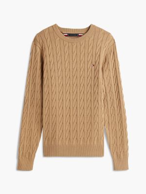 khaki cable knit crew neck jumper for men tommy hilfiger