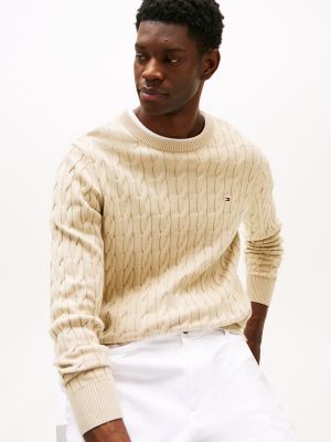 beige cable knit crew neck jumper for men tommy hilfiger