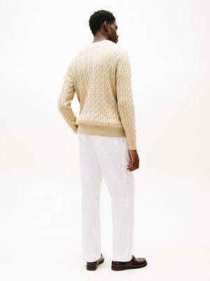 beige cable knit crew neck jumper for men tommy hilfiger