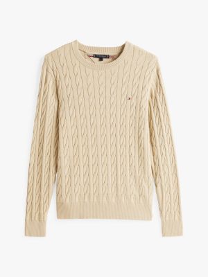 beige cable knit crew neck jumper for men tommy hilfiger