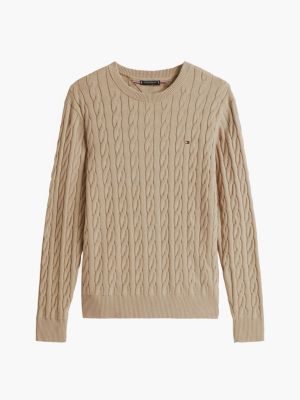 khaki flag embroidery cable knit jumper for men tommy hilfiger