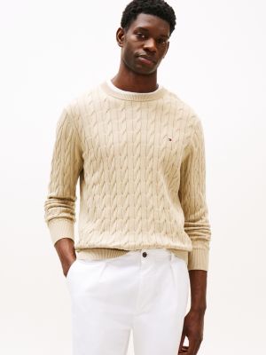 beige rundhals-pullover mit zopfmuster für herren - tommy hilfiger