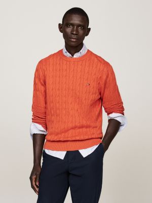 orange cable knit crew neck jumper for men tommy hilfiger