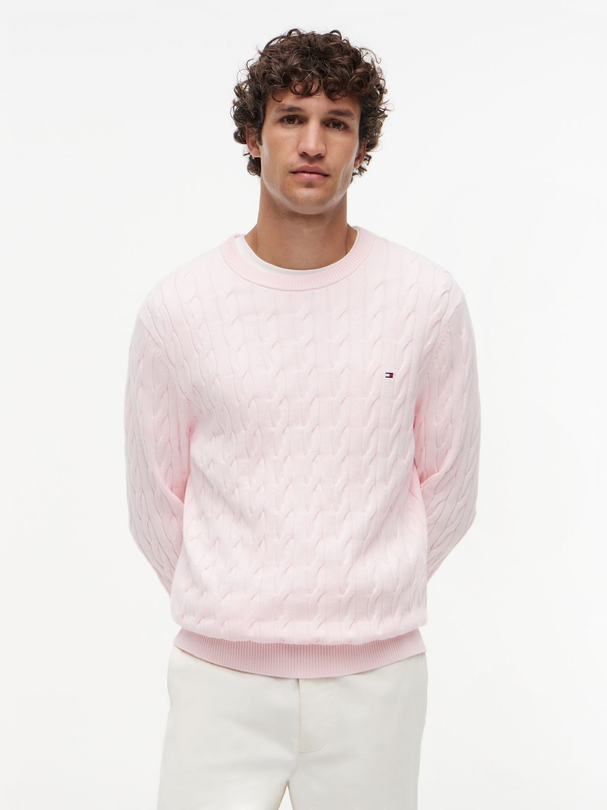 Cable Knit Crew Neck Jumper — Pink