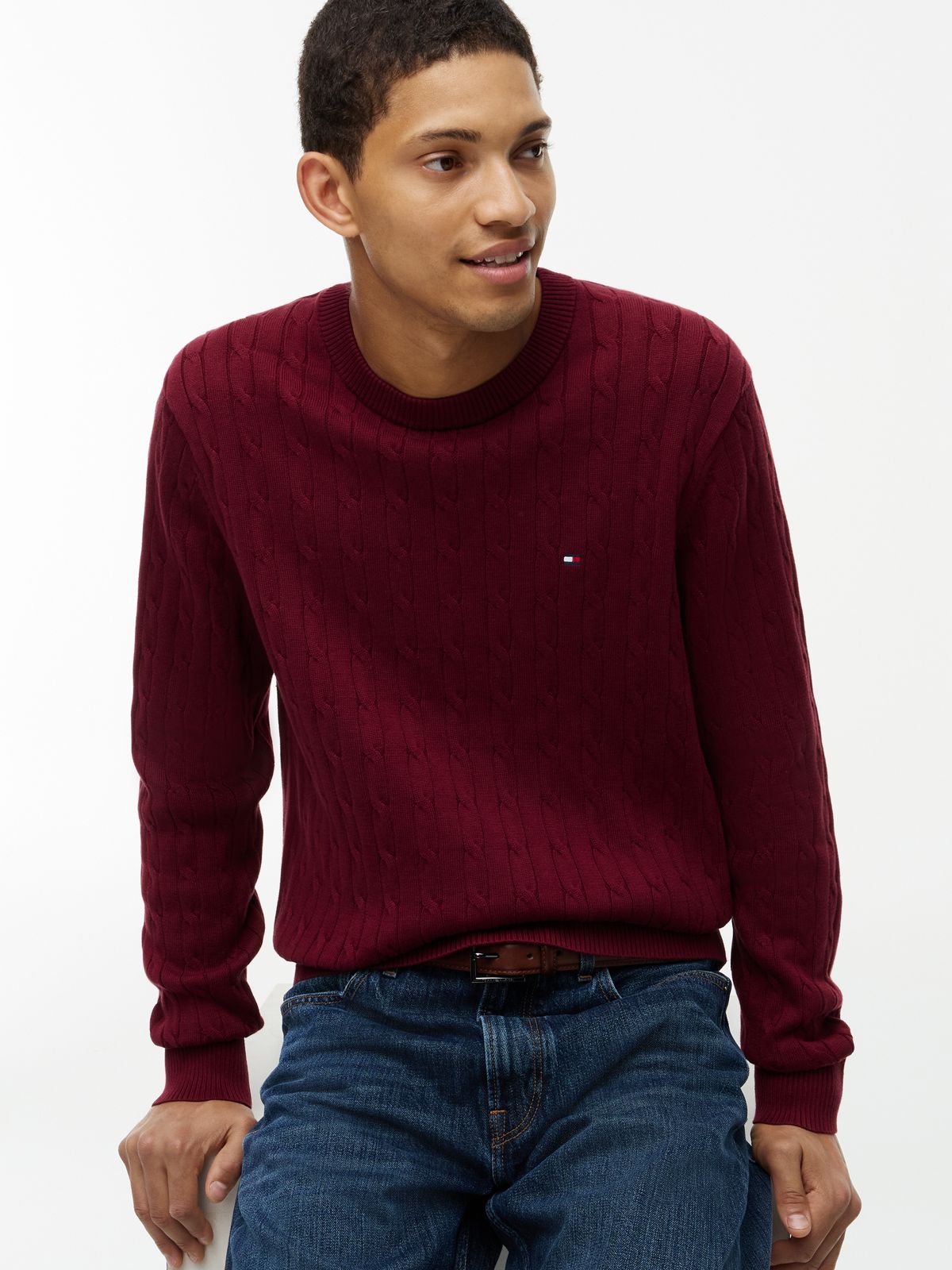 Cable Knit Crew Neck Jumper — Purple