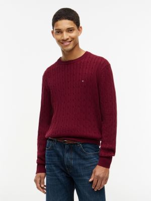 purple cable knit crew neck jumper for men tommy hilfiger