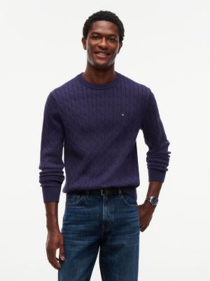purple cable knit crew neck jumper for men tommy hilfiger